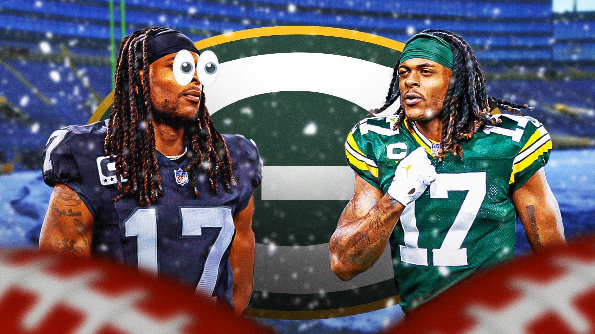 Raiders Davante Adams with emoji eyes looking at Packers Davante Adams in a snowy Lambeau Field