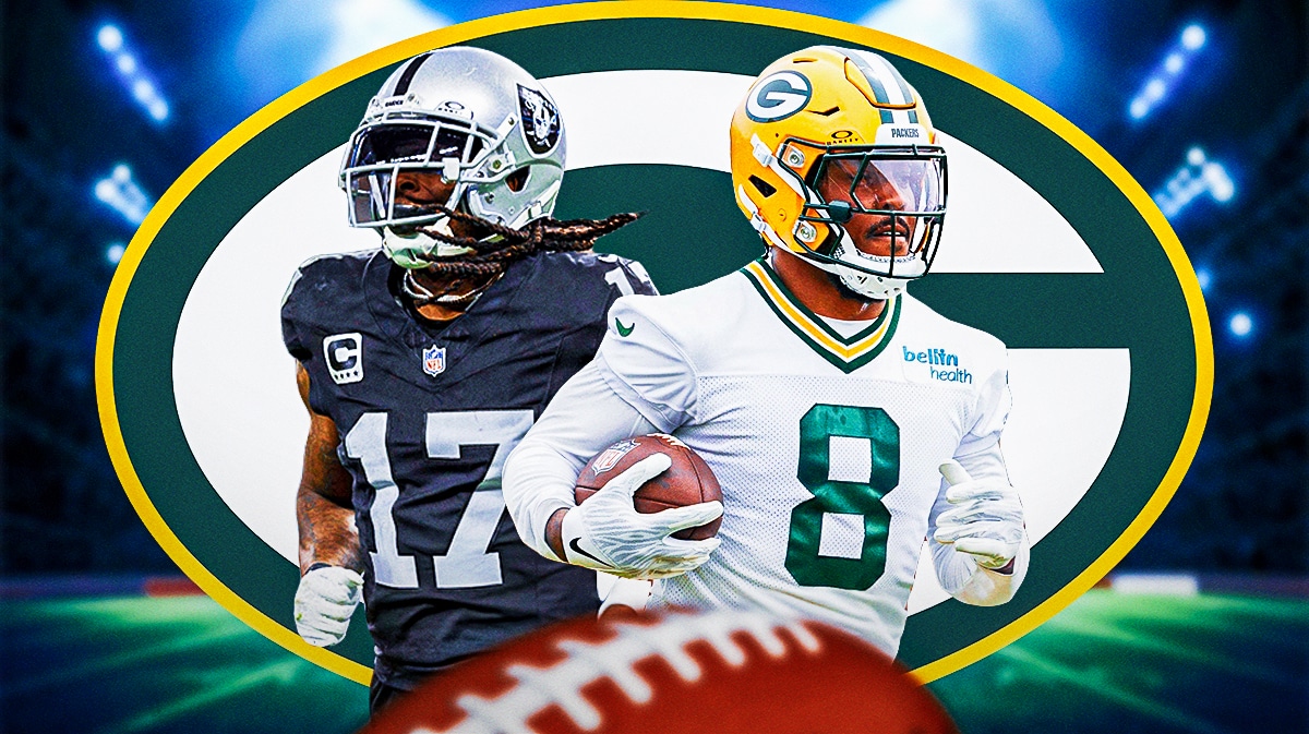 Green Bay Packers running back Josh Jacobs with Las Vegas Raiders wide receiver Davante Adams. There is also a logo for the Green Bay Packers.