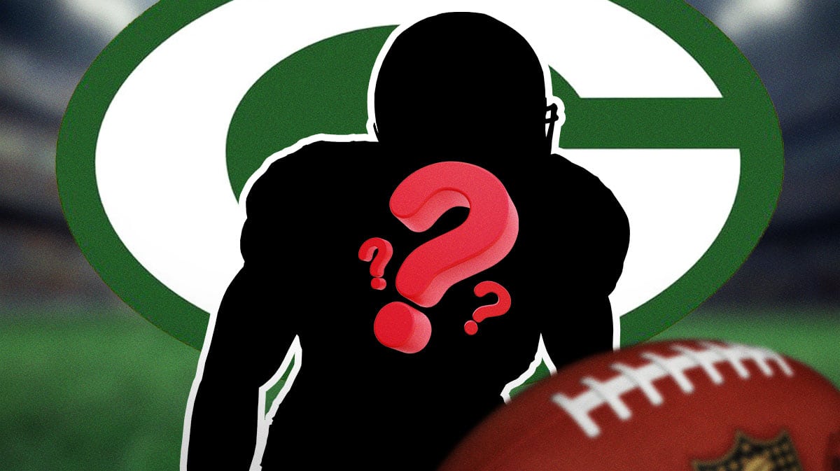 A silhouette of an American football player with a big question mark emoji inside. There is also a logo for the Green Bay Packers.