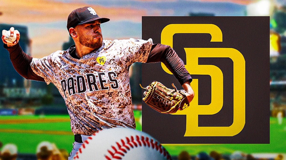 Joe Musgrove throwing a pitch next to a Padres logo