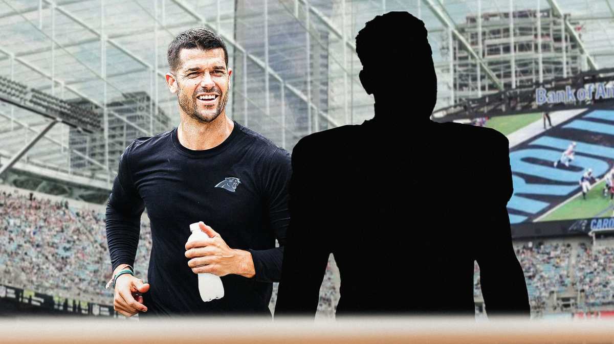 Dave Canales next the blacked-out silhouette of Jonathan Mingo in front of the Panthers' stadium.