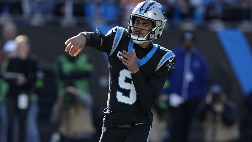Carolina Panthers quarterback Bryce Young (9) throws against the Tampa Bay Buccaneers during the second quarter at Bank of America Stadium. 