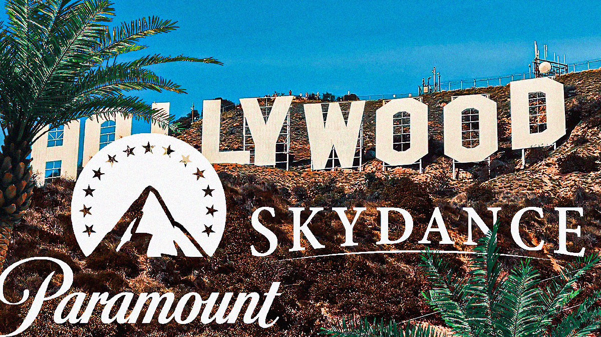 Paramount and Skydance Media logos in front of Hollywood.