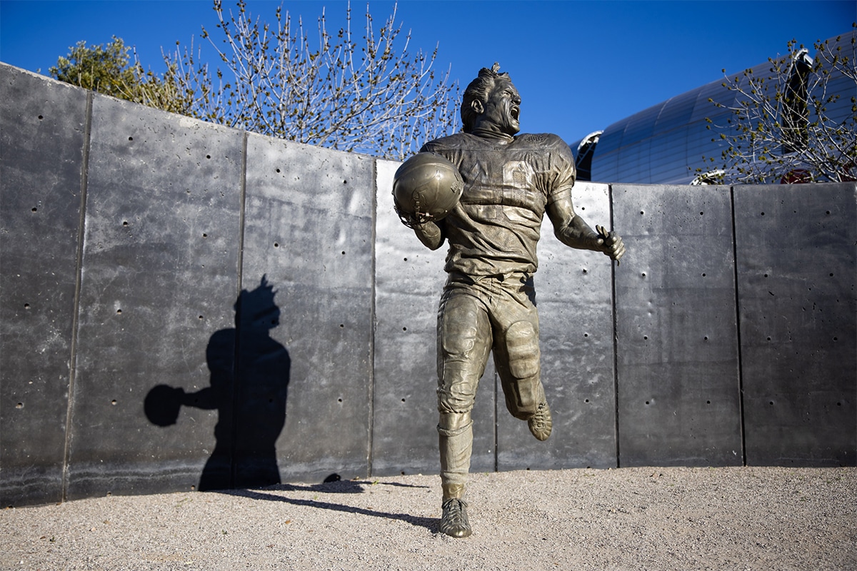 General view of the Pat Tillman memorial statue outside of State Farm Stadium prior to Super Bowl LVII.