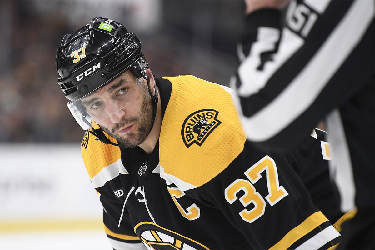  Boston Bruins center Patrice Bergeron (37) gets ready for a face-off during the first period in game five of the first round of the 2023 Stanley Cup Playoffs against the Florida Panthers at TD Garden