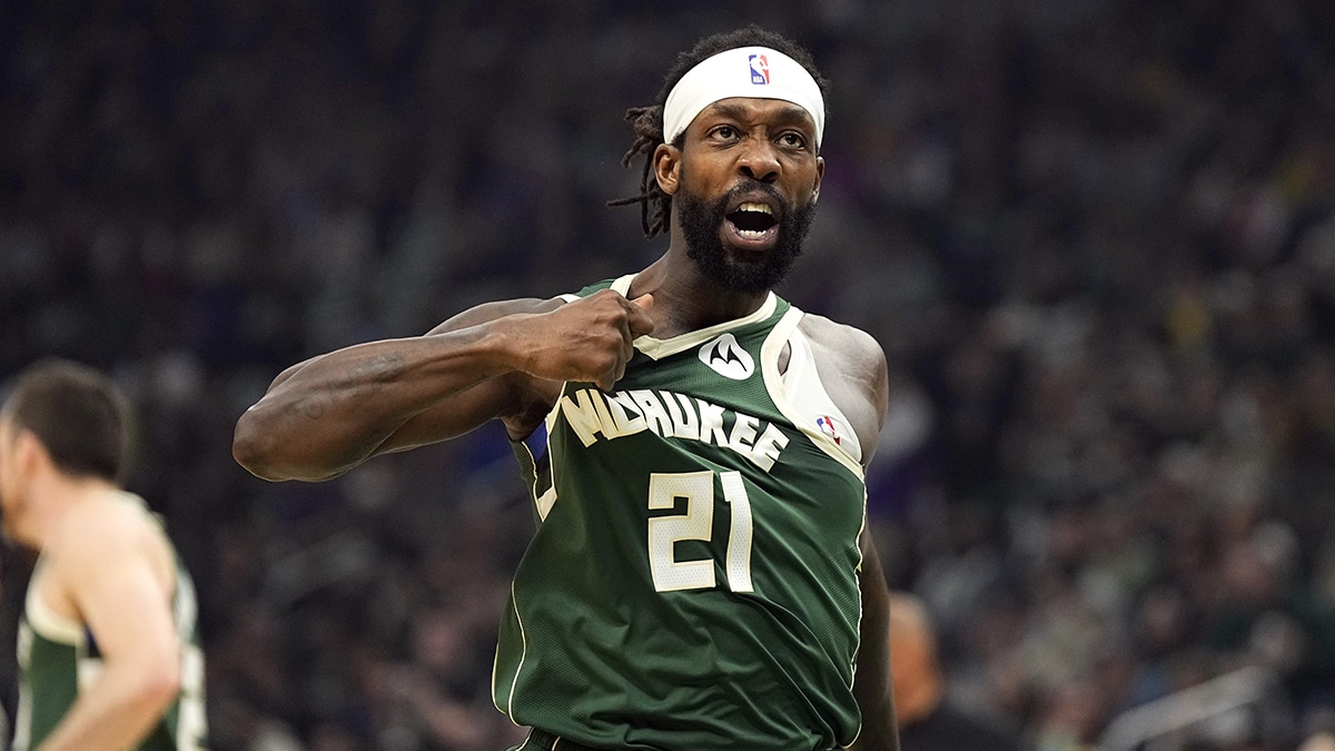 Milwaukee Bucks guard Patrick Beverley (21) gestures towards the crowd following a play during the second quarter against the Indiana Pacers during game five of the first round for the 2024 NBA playoffs at Fiserv Forum. 