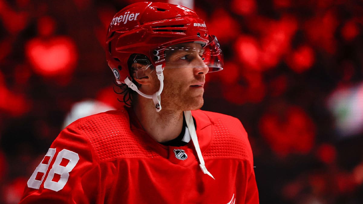 Detroit Red Wings right wing Patrick Kane (88) looks on during player introductions before the game against the St. Louis Blues at Little Caesars Arena.