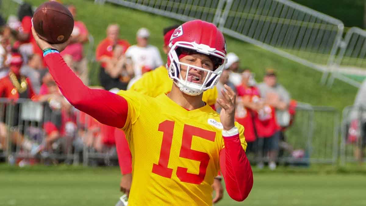 St. Joseph, MO, USA; Kansas City Chiefs quarterback Patrick Mahomes (15) throws a pass during training camp at Missouri Western State University. 