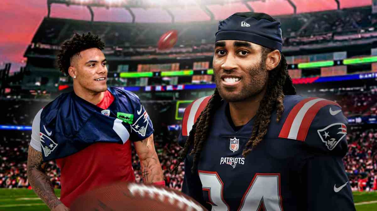 New England Patriots star Christian Gonzalez and former player Stephon Gilmore in front of Gillette Stadium.