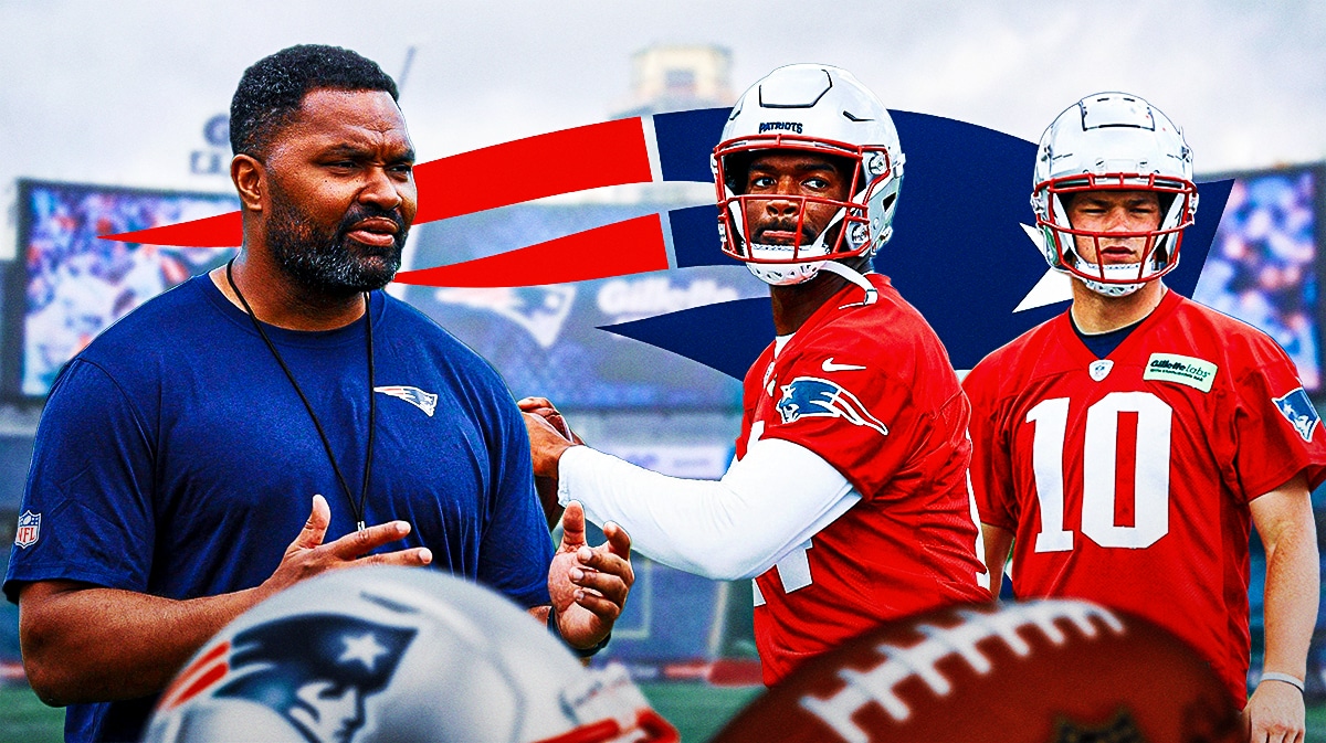 Jerod Mayo on one side, Jacoby Brissett and Drake Maye on the other side with the big eyes emoji over their faces