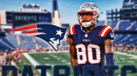 New England Patriots logo on left side, Patriots wide receiver Kayshon Boutte on right side, Gillette Stadium (home stadium of New England Patriots) in background