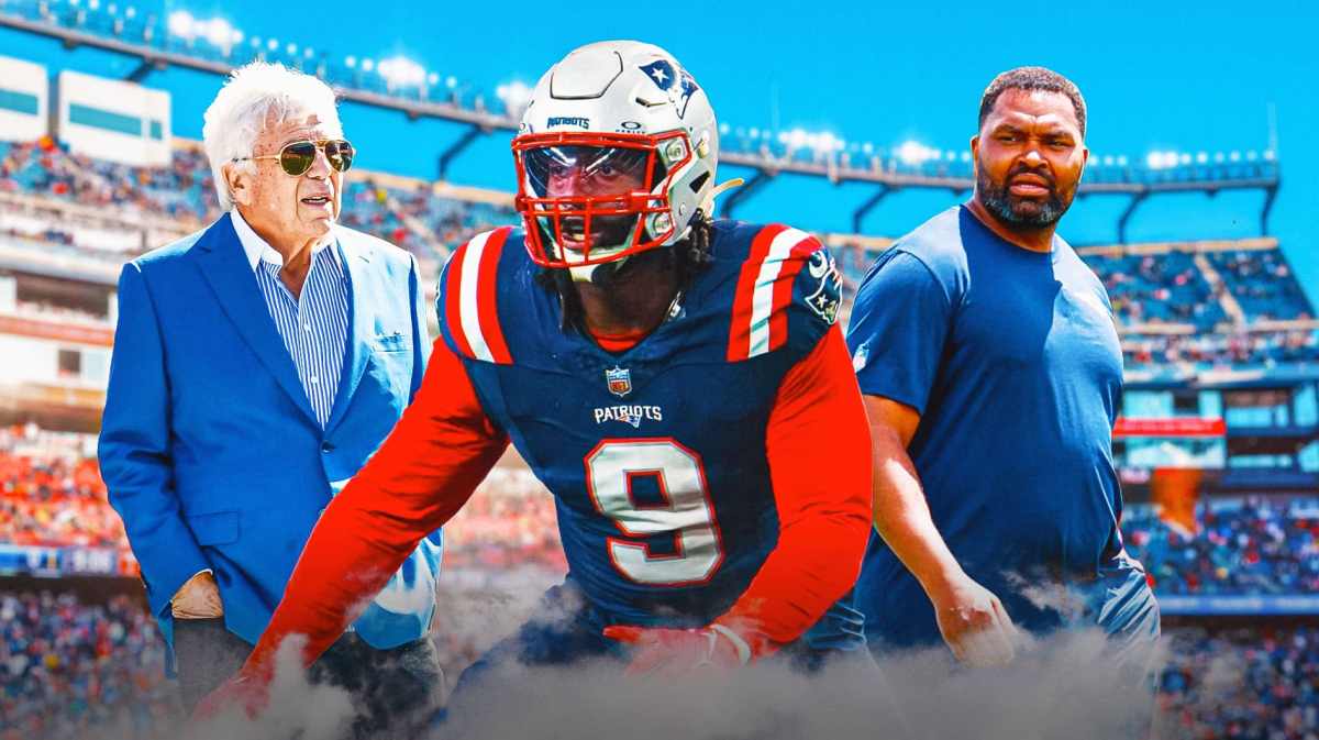 Matthew Judon next to Jerod Mayo and Robert Kraft