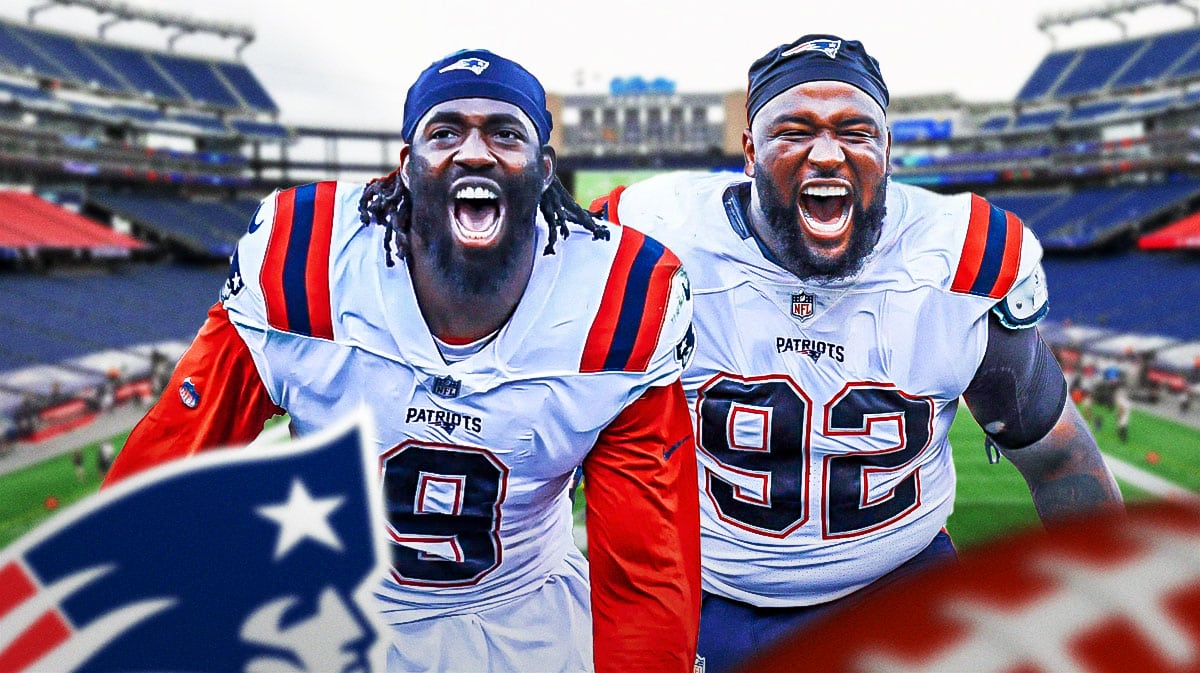 Matthew Judon and Davon Godchaux smile in Patriots jerseys