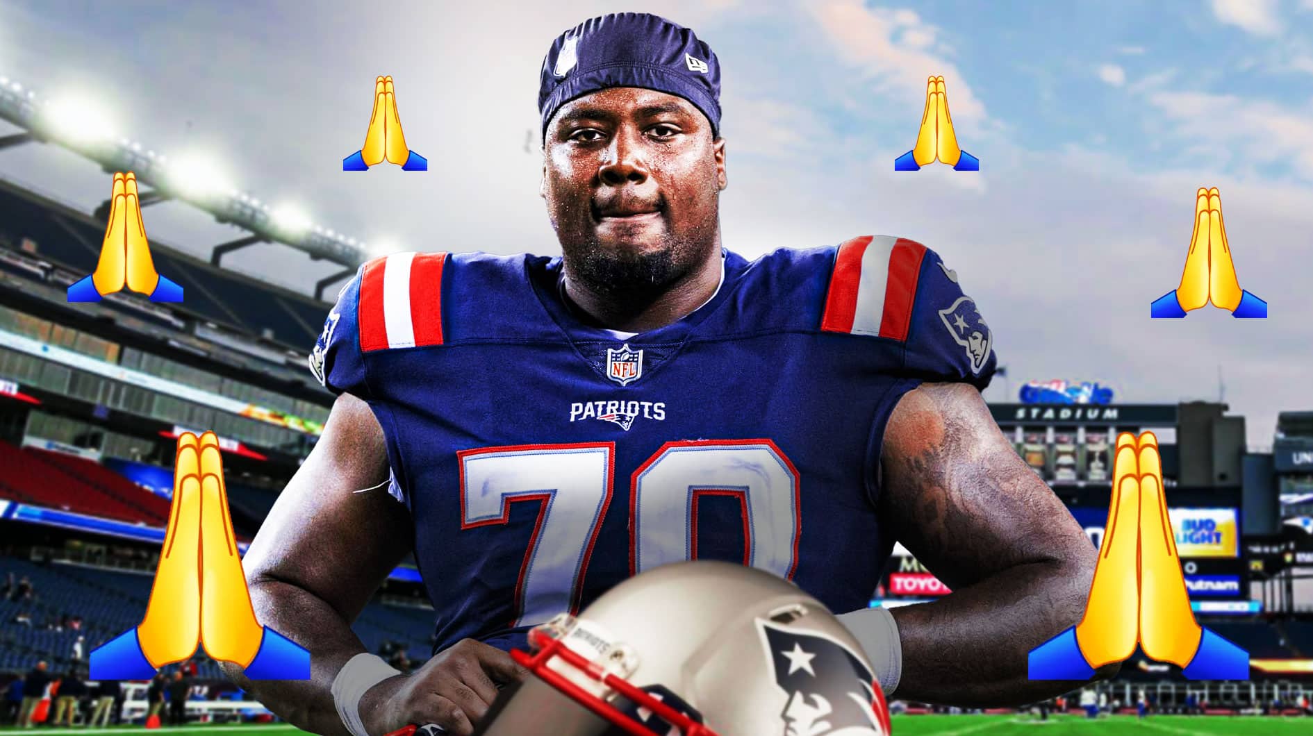 Christian Barmore with praying hand emojis around him