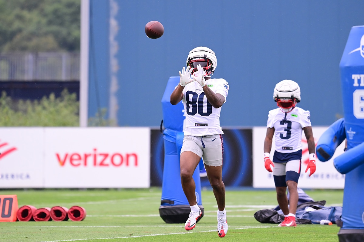 New England Patriots wide receiver Kayshon Boutte (80) makes a catch during training camp at Gillette Stadium. 