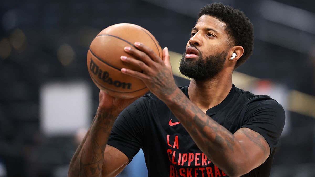 Los Angeles Clippers forward Paul George (13) warms up prior to the NBA game against the Utah Jazz at Crypto.com Arena.