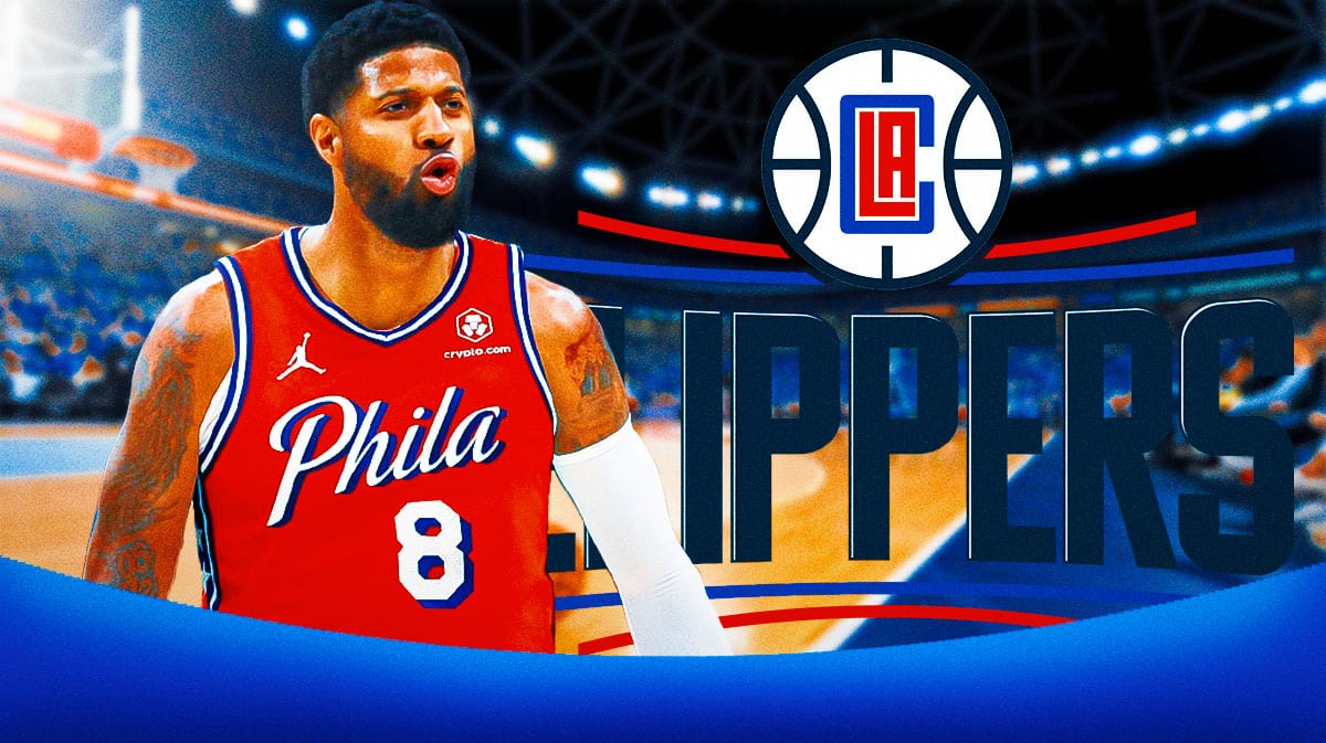 Paul George in Sixers jersey cries next to Clippers logo