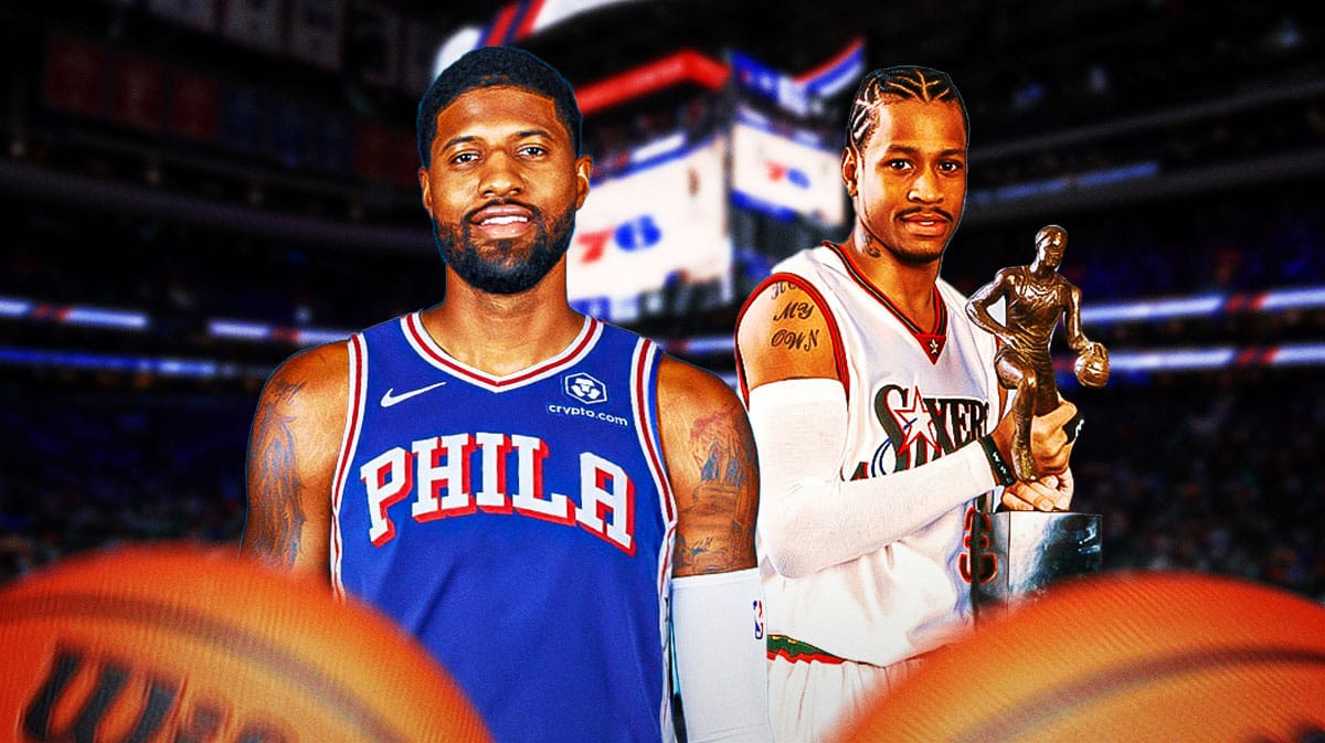 Paul George smiling in a 76ers uniform, with Allen Iverson (2001 version) holding the 2001 MVP award beside George