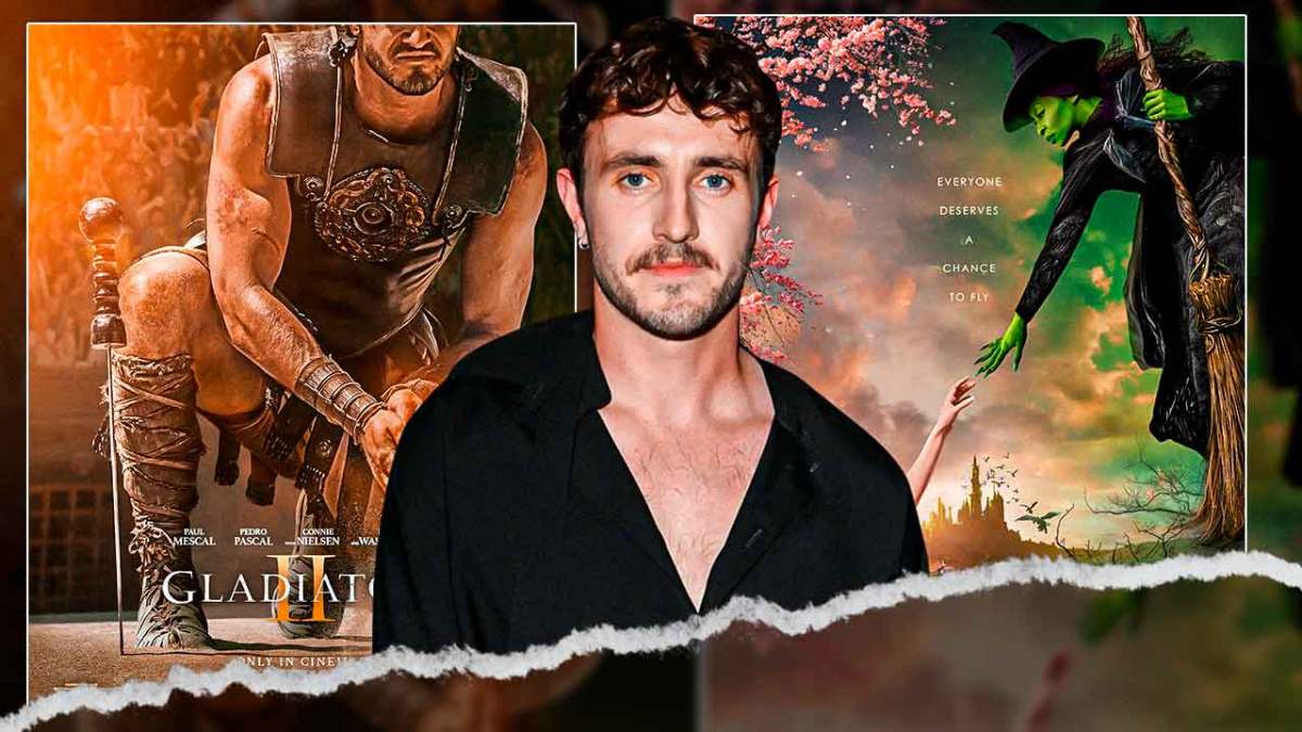 Paul Mescal in between posters of Gladiator 2 and Wicked.