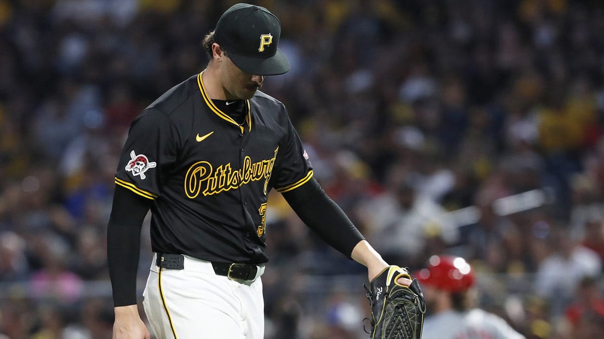 Pittsburgh Pirates starting pitcher Paul Skenes (30) reacts after surrendering a game winning RBI single to St. Louis Cardinals designated hitter Alec Burleson (41) during the ninth inning at PNC Park. St. Louis won 2-1.