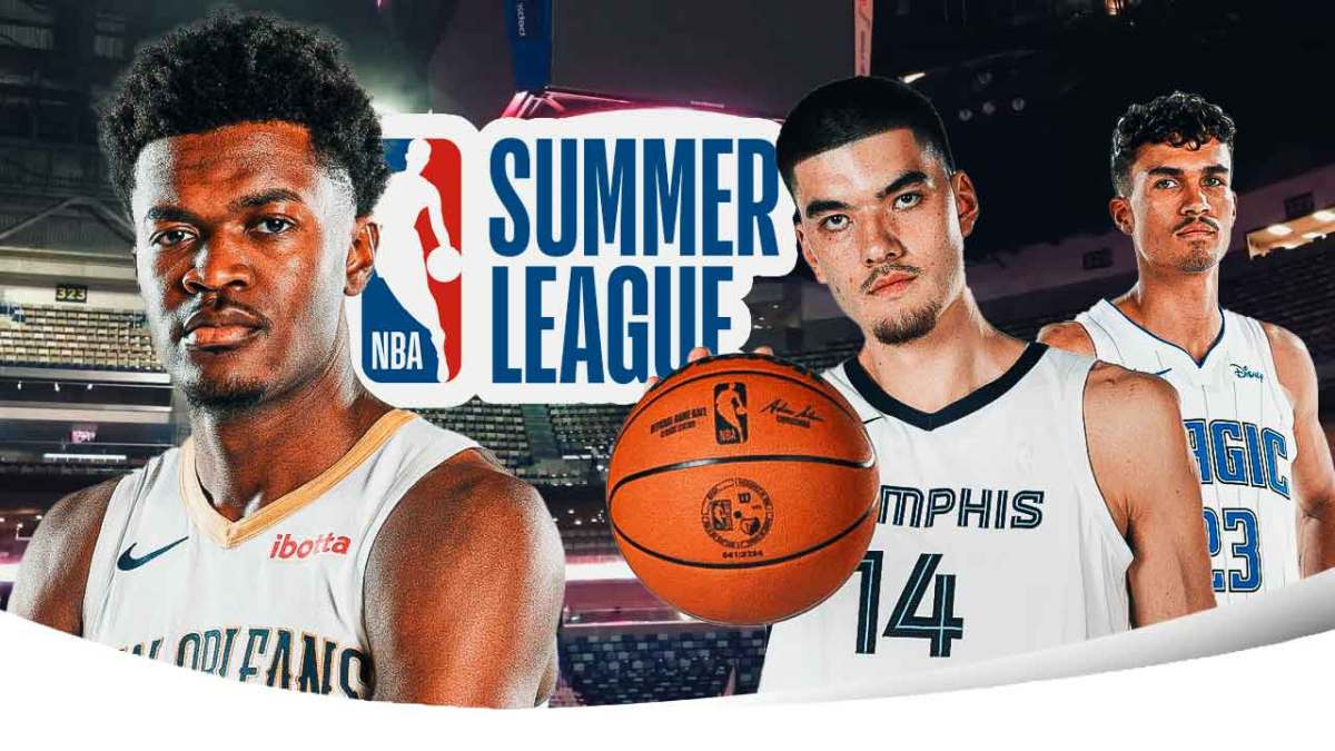 Pelicans Yves Missi next to the Summer League logo, Grizzlies Zach Edey and Magic Trista da Silva