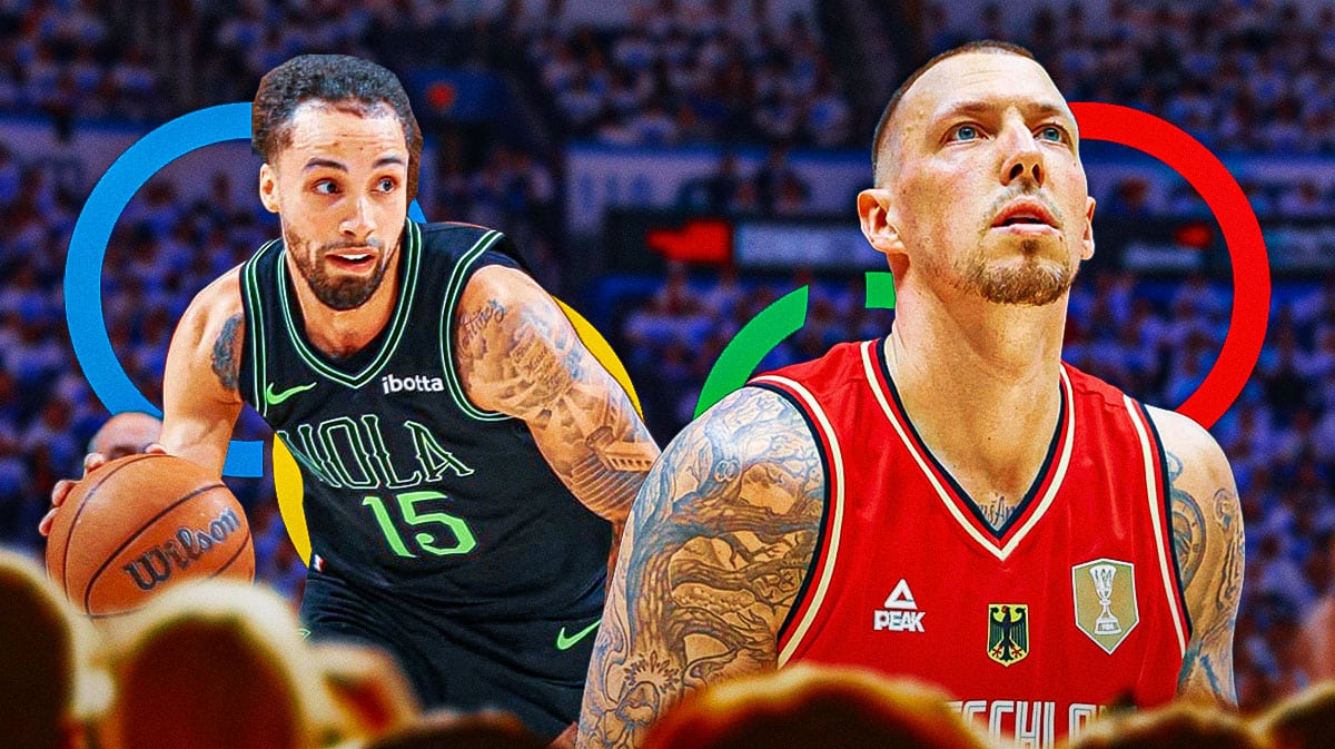 Daniel Theis, Jose Alvarado, and the Olympic rings.
