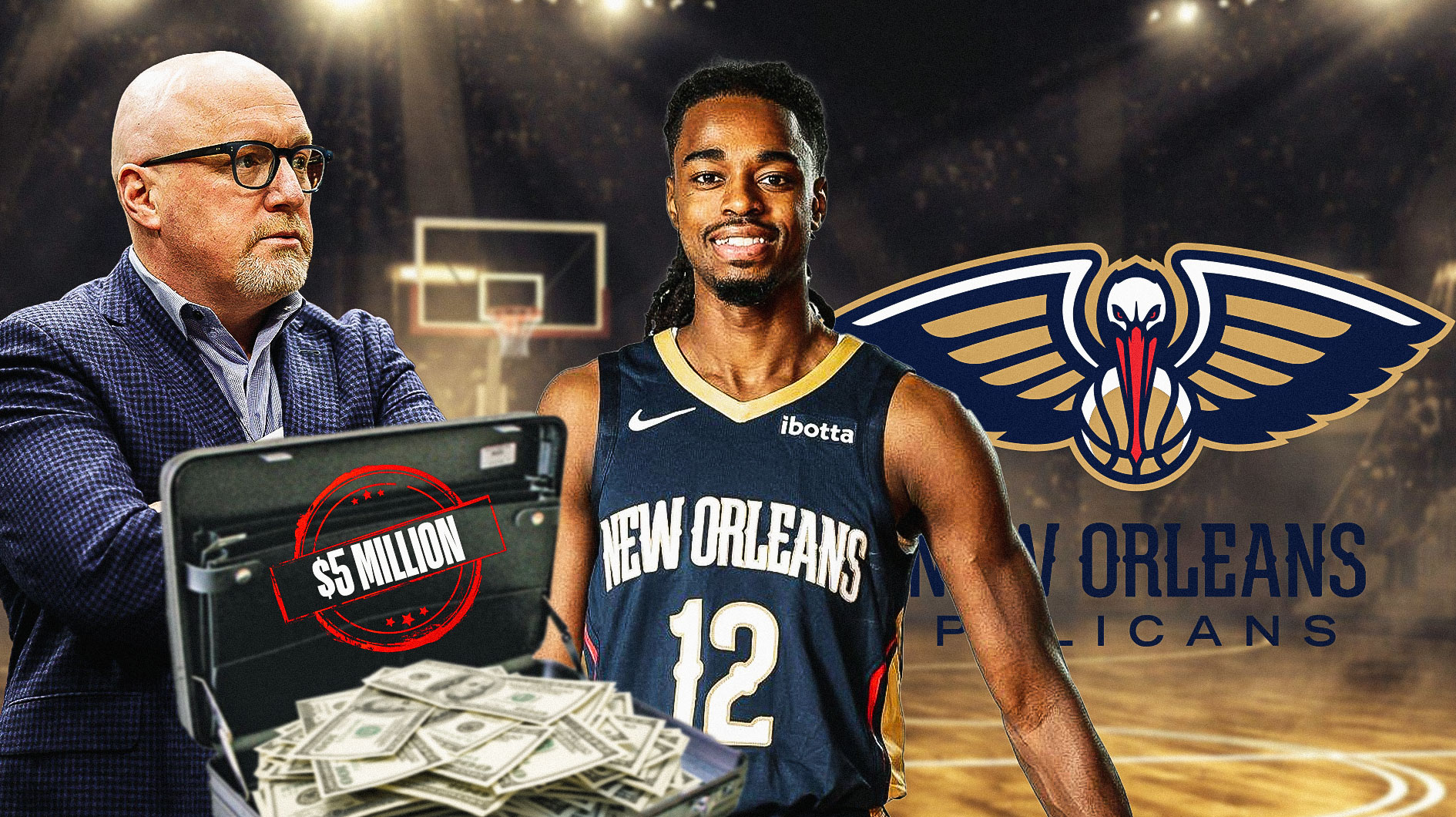 A briefcase with a $5 million stamp on with Antonio Reeves.