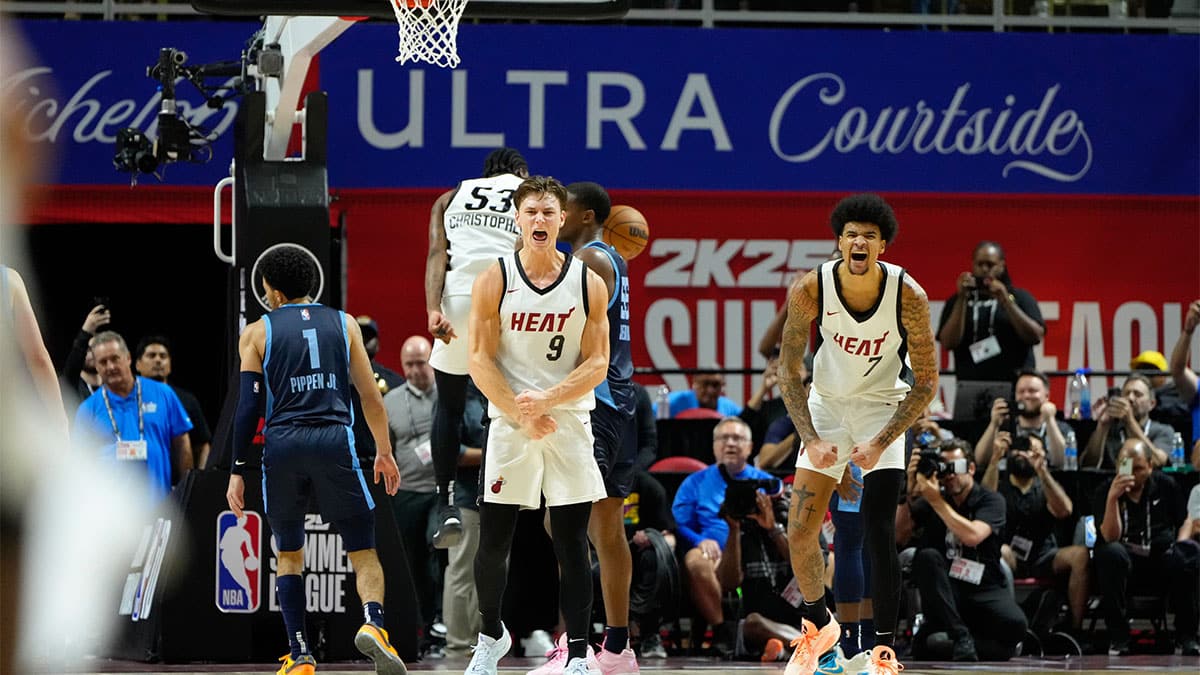 Miami Heat guard Pelle Larsson (9) reacts with center Kel’el Ware (7) after scoring against the Memphis Grizzlies during the overtime at Thomas & Mack Center.