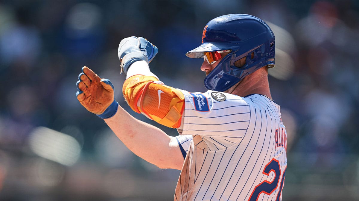New York Mets first baseman Pete Alonso (20) reacts after a single during the eighth inning against the Washington Nationals at Citi Field.