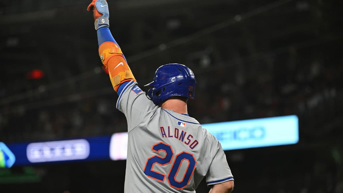 Mets first baseman Pete Alonso (20) reacts after a three run home run by designated hitter J.D. Martinez (28) (not pictured) against the Washington Nationals during the tenth inning at Nationals Park