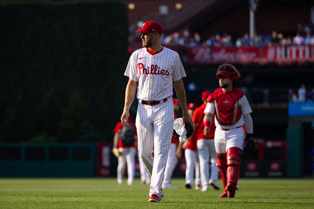 Philadelphia Phillies pitcher Zack Wheeler (45) takes the field for action against the Los Angeles Dodgers at Citizens Bank Park.