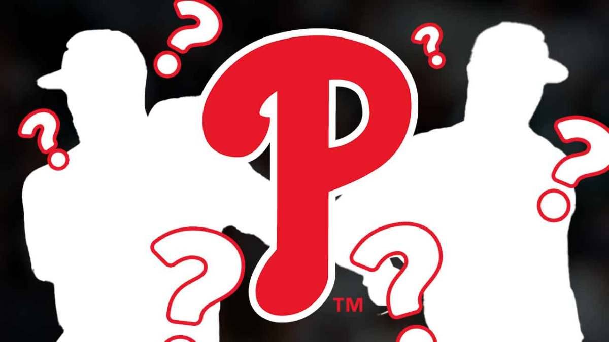 Phillies logo with question marks everywhere. Place the silhouette of Garret Crochet and Jack Flaherty both pitching baseballs.