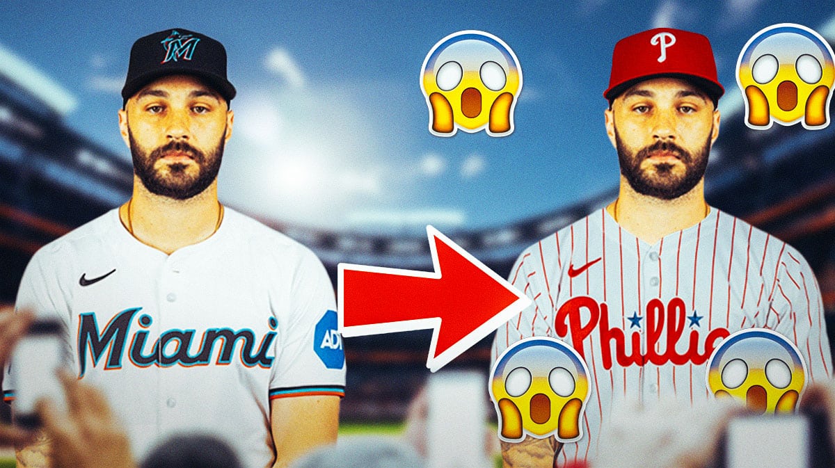 Tanner Scott on one side with an arrow pointing to Tanner Scott on the other side in a Philadelphia Phillies uniform, a bunch of question marks in the background