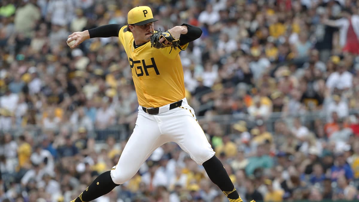 Jul 5, 2024; Pittsburgh, Pennsylvania, USA; Pittsburgh Pirates starting pitcher Paul Skenes (30) delivers a pitch against the New York Mets during the first inning at PNC Park. Mandatory Credit: Charles LeClaire-USA TODAY Sports
