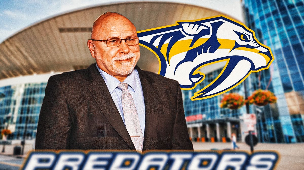 Barry Trotz and the Preds logo in front of Bridgestone Arena