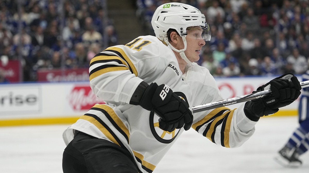 Boston Bruins forward Trent Frederic (11) skates against the Toronto Maple Leafs during the third period of game three of the first round of the 2024 Stanley Cup Playoffs at Scotiabank Arena.