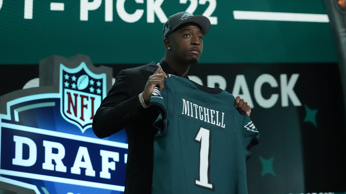 Toledo Rockets cornerback Quinyon Mitchell poses after being selected by the Philadelphia Eagles as the No. 22 pick in the first round of the 2024 NFL Draft at Campus Martius Park and Hart Plaza.