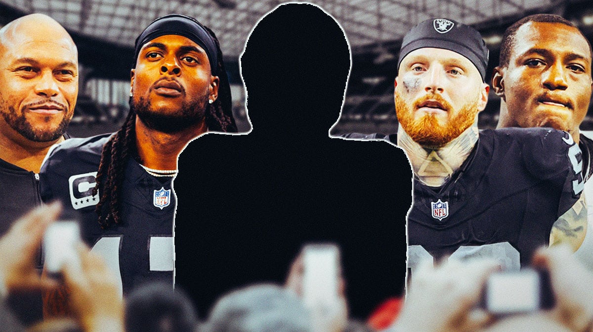 Raiders coach Antonio Pierce, Davante Adams, Maxx Crosby, and Zamir White around a silhouette of Aidan O'Connell.