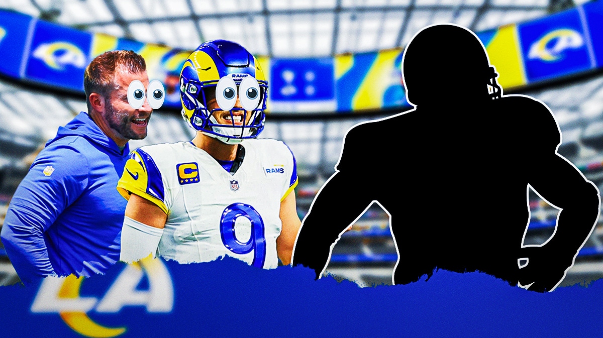 Sean McVay and Matthew Stafford on one side with the big eyes emoji over their faces, a silhouette of a football player on the other side