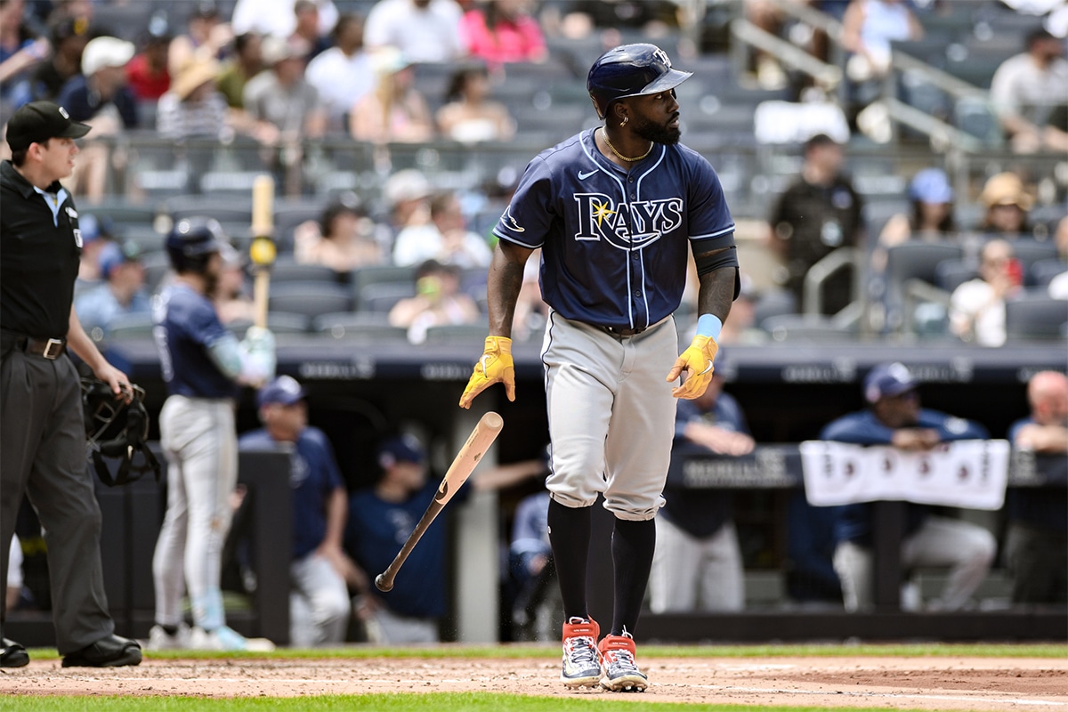 Tampa Bay Rays outfielder Randy Arozarena (56) reacts after hitting a solo home run against the New York Yankees during the fourth inning at Yankee Stadium.