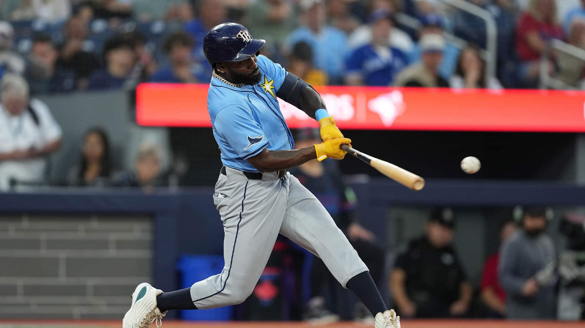 Tampa Bay Rays left fielder Randy Arozarena (56) hits a RBI single against the Toronto Blue Jays during the sixth inning at Rogers Centre.