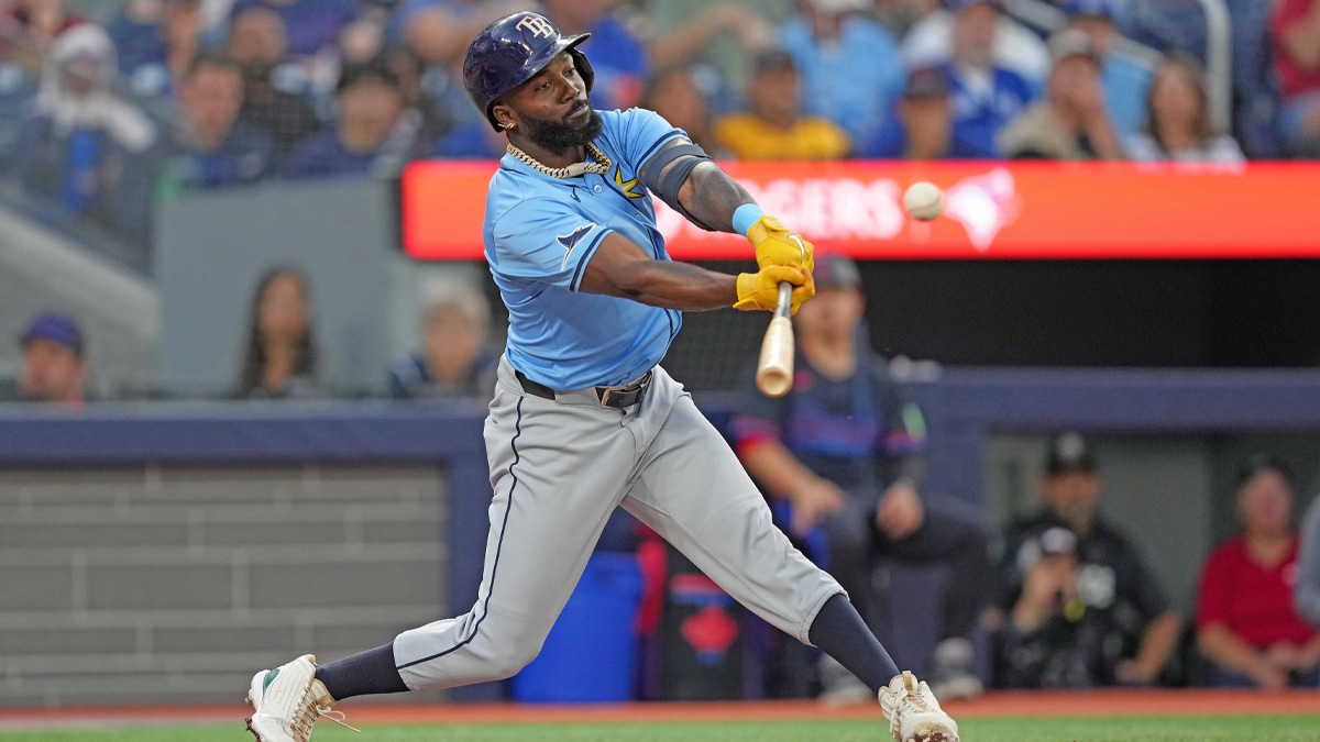 Tampa Bay Rays left fielder Randy Arozarena (56) hits a double against the Toronto Blue Jays during the fifth inning at Rogers Centre.