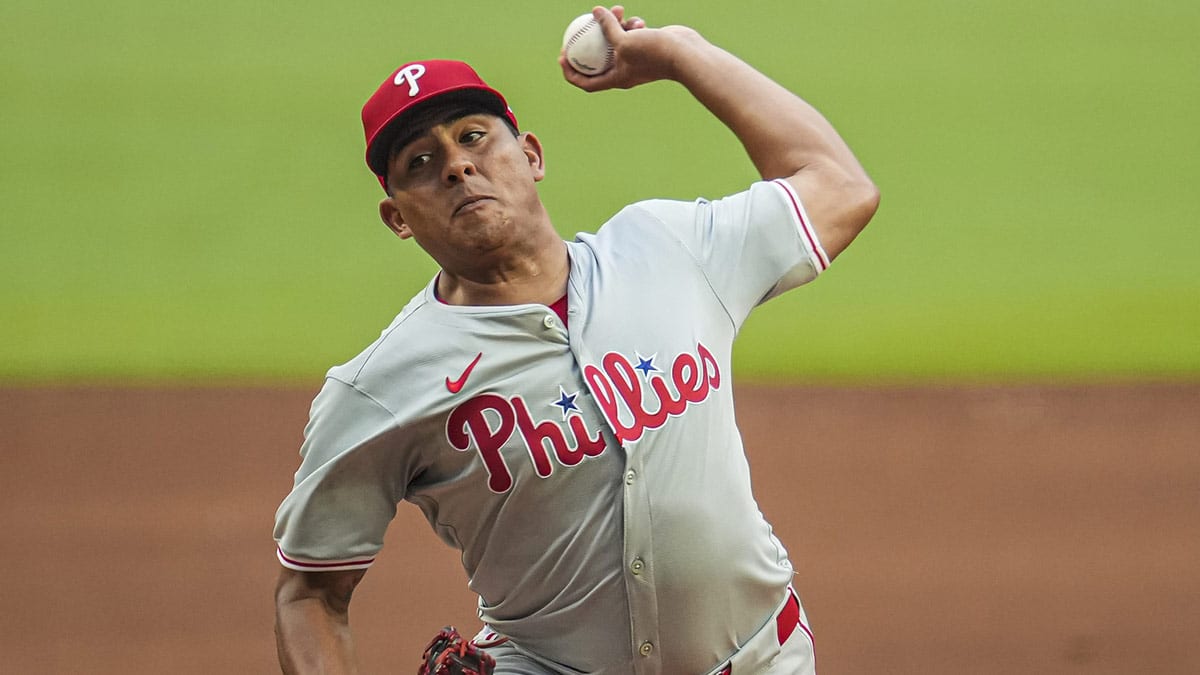 Philadelphia Phillies pitcher Ranger Suarez (55) pitches against the Atlanta Braves during the first inning at Truist Park.