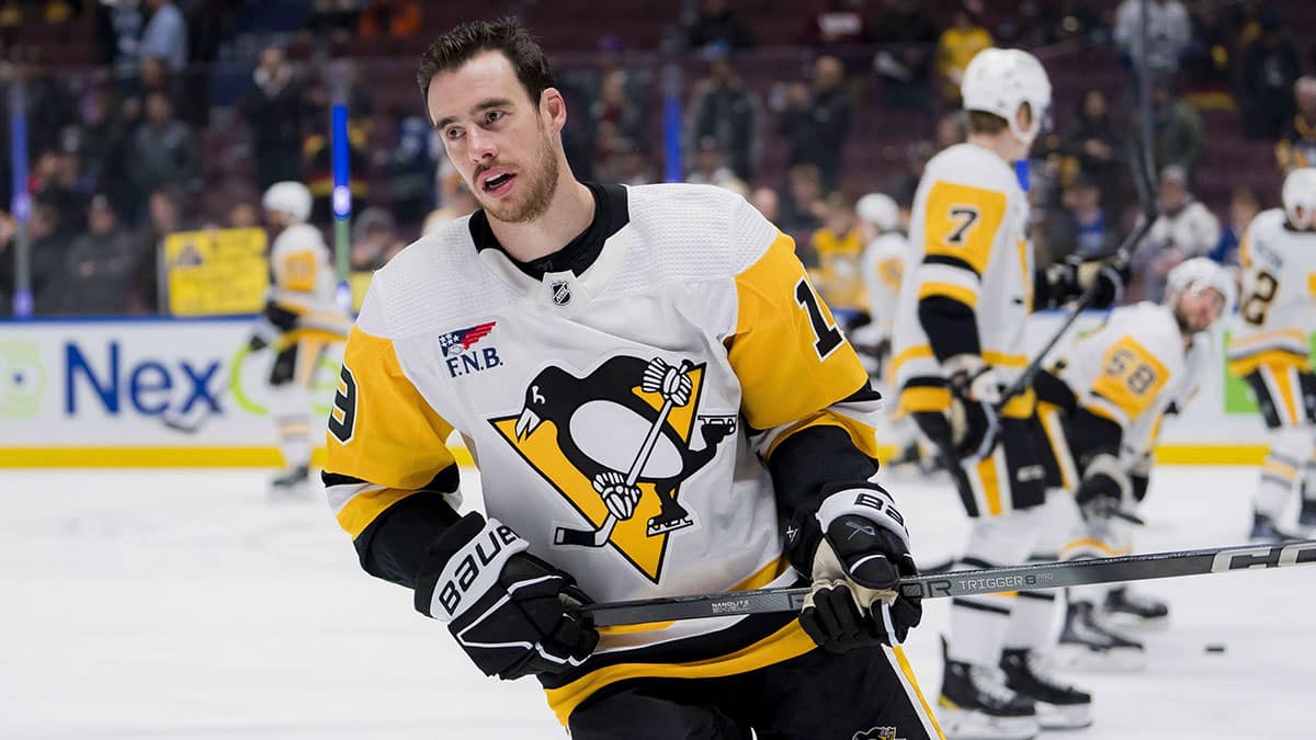 Pittsburgh Penguins forward Reilly Smith (19) skates during warm up prior to a game against the Vancouver Canucks at Rogers Arena.