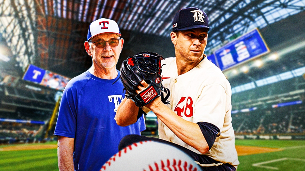 Jacob deGrom pitching in a Texas Rangers uniform on one side with Rangers' manager Bruce Bochy looking happy/ excited on the other side as the Rangers manager had positive injury news about the starting pitcher returing.