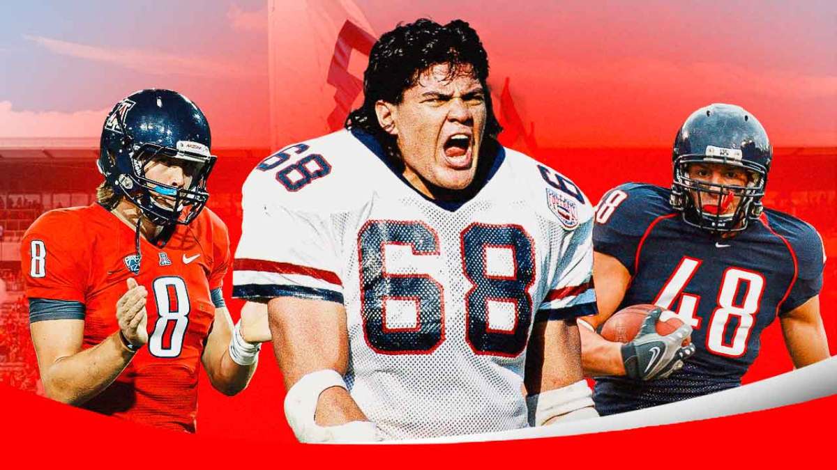 Arizona Wildcats football players all in uniform. Nick Foles, Tedy Bruschi and Rob Gronkowski