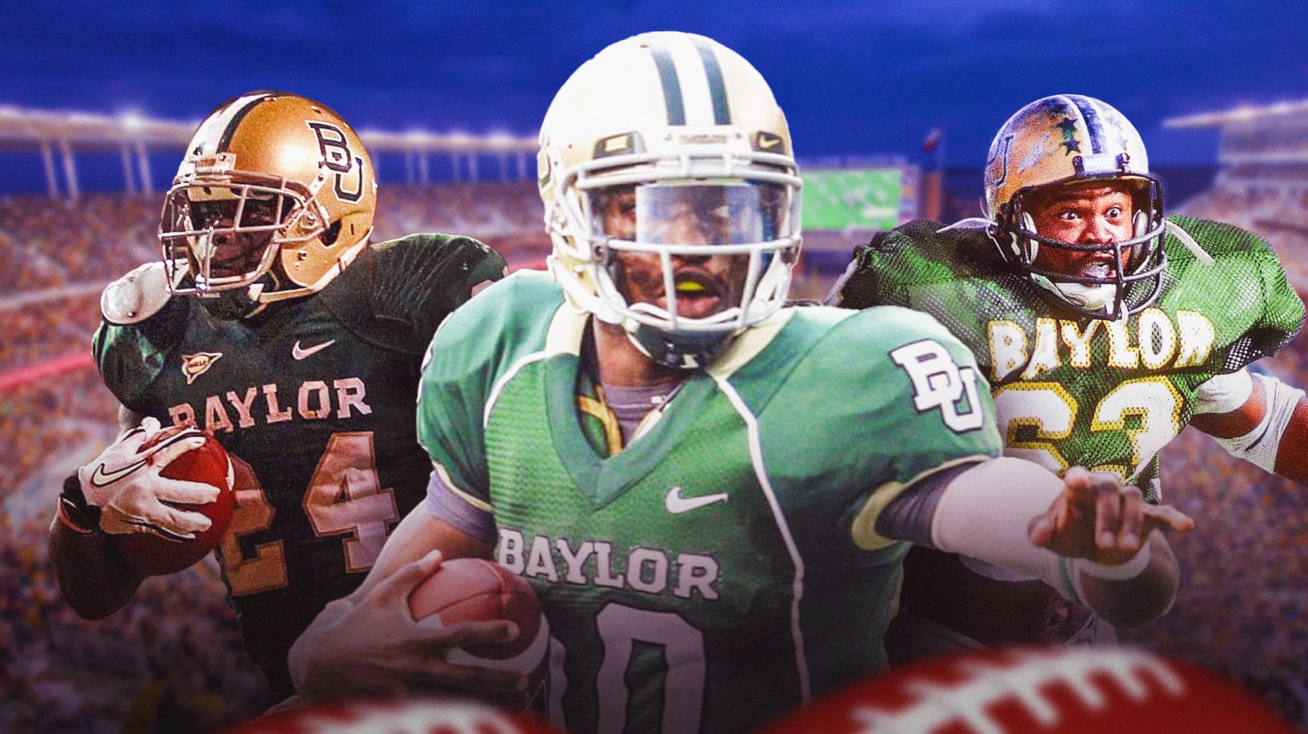 Baylor football, Bears, Robert Griffin III, Mike Singletary, Corey Coleman, Robert Griffin III, Mike Singletary and Terrence Ganaway in Baylor football unis with Baylor football stadium in the background