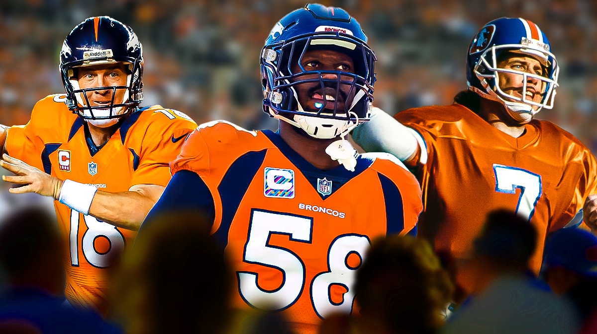 Peyton Manning, John Elway, Von Miller together in Broncos jerseys. All of the Broncos logos in front. Mile High Stadium is background.