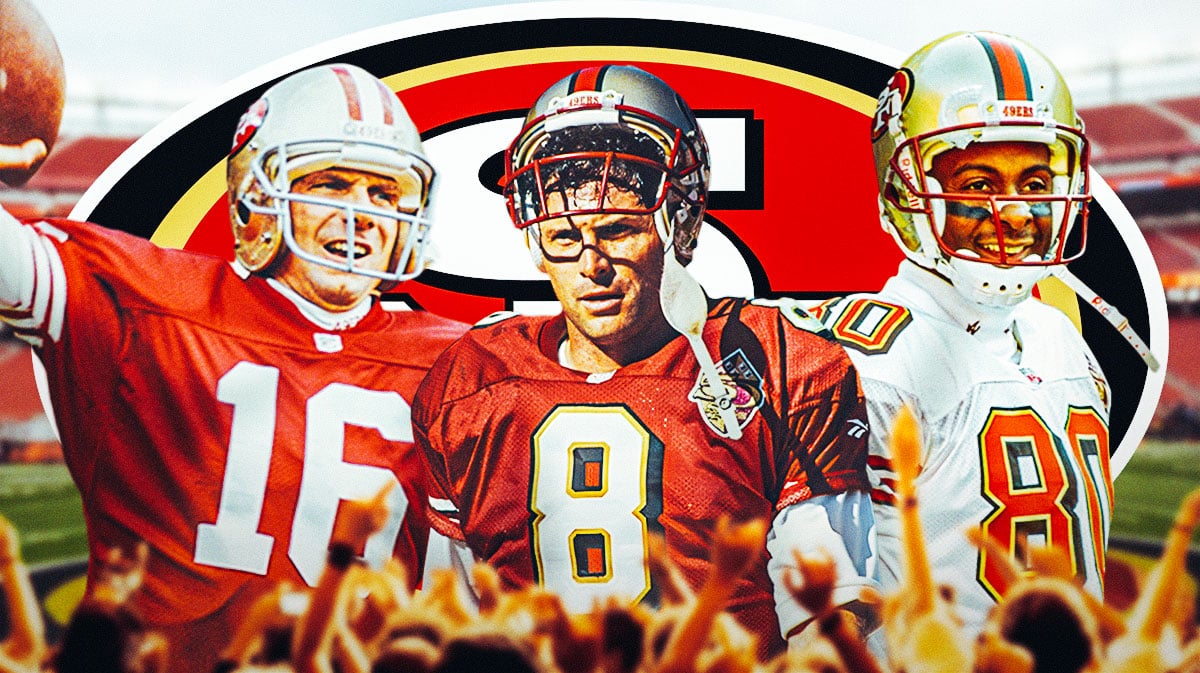 Joe Montana, Steve Young, Jerry Rice all together in 49ers jerseys. 49ers logo in front.