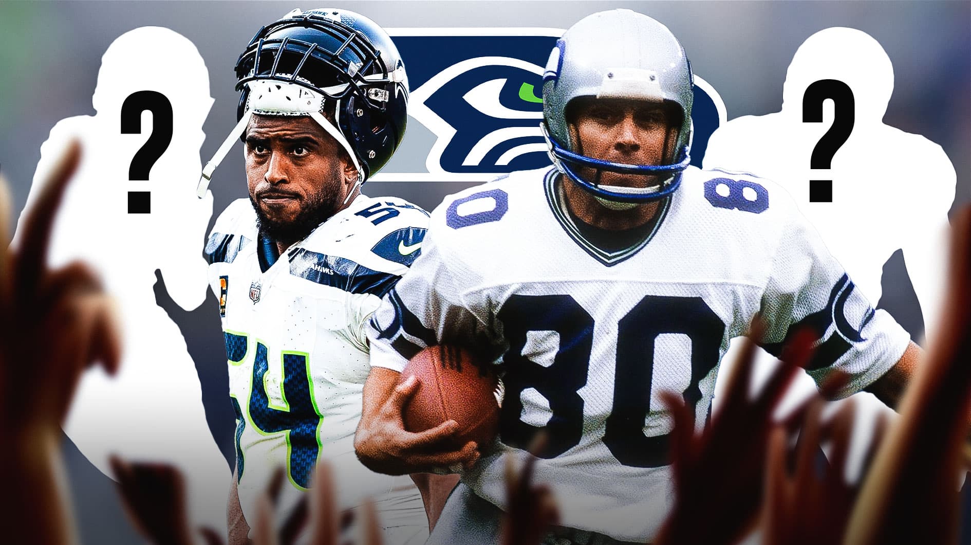 Seattle Seahawks legend Steve Largent with former Seahawks linebacker Bobby Wagner and two silhouettes of American football players with big question mark emojis inside. There is also a logo for the Seattle Seahawks.